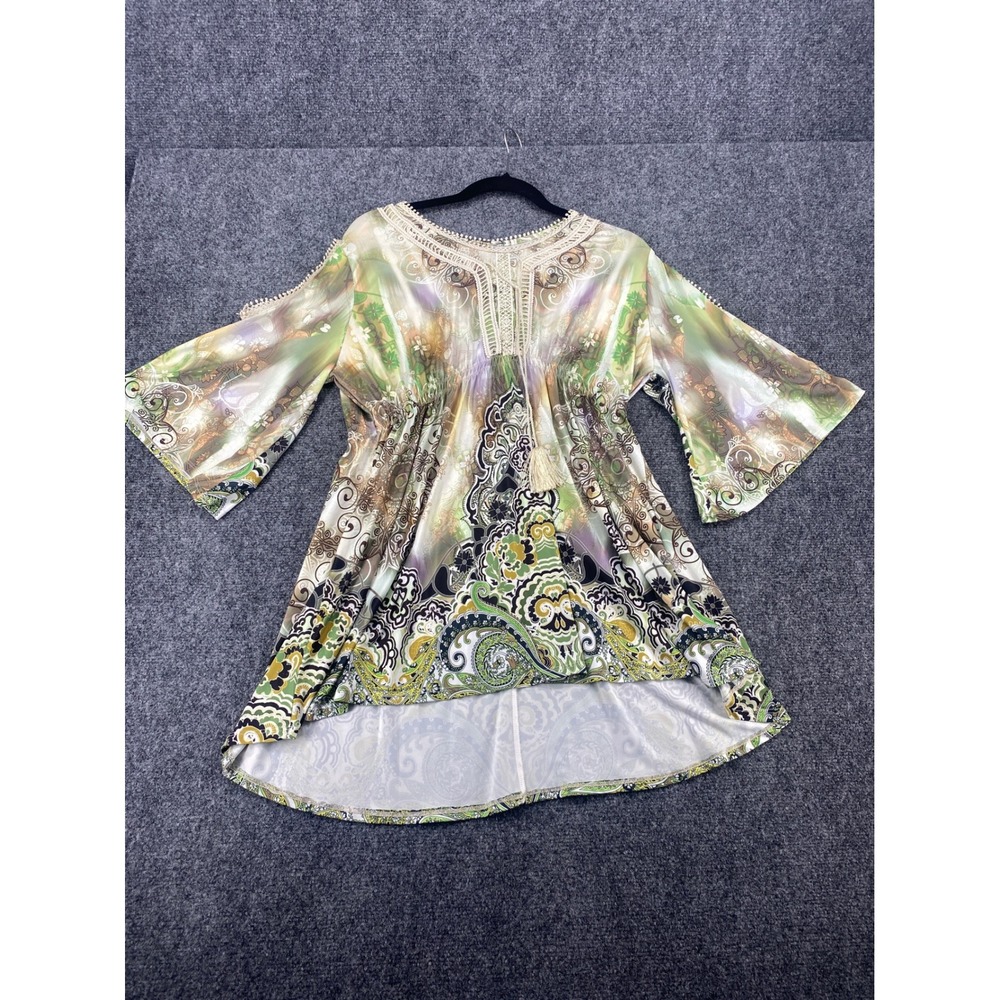 One World Tunic Top Cold Shoulder Bell Sleeve Paisley Green Women L Boho Tassel